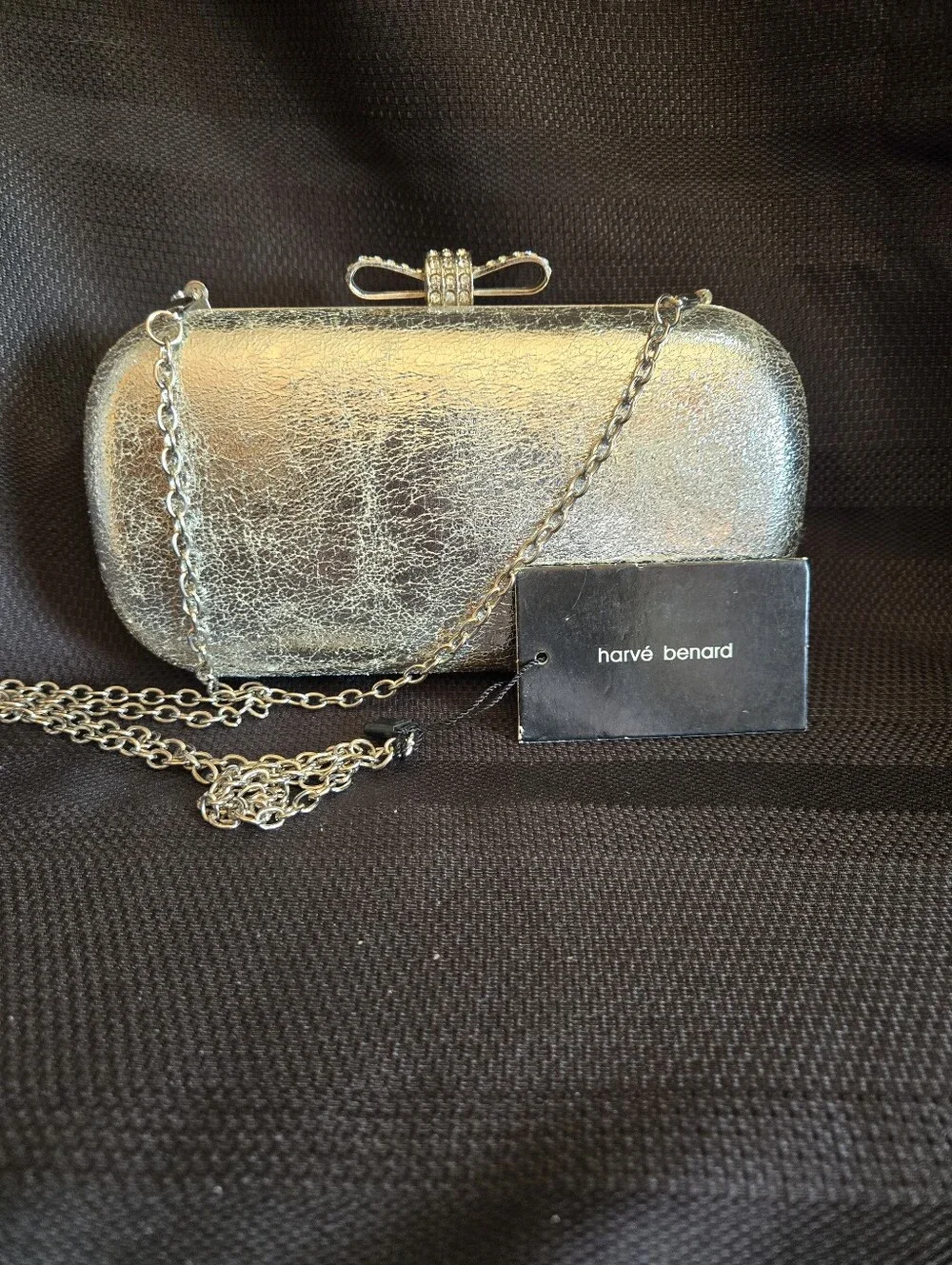 Harve Benard Silver Metallic Bow Clasp Chain Clutch NWT